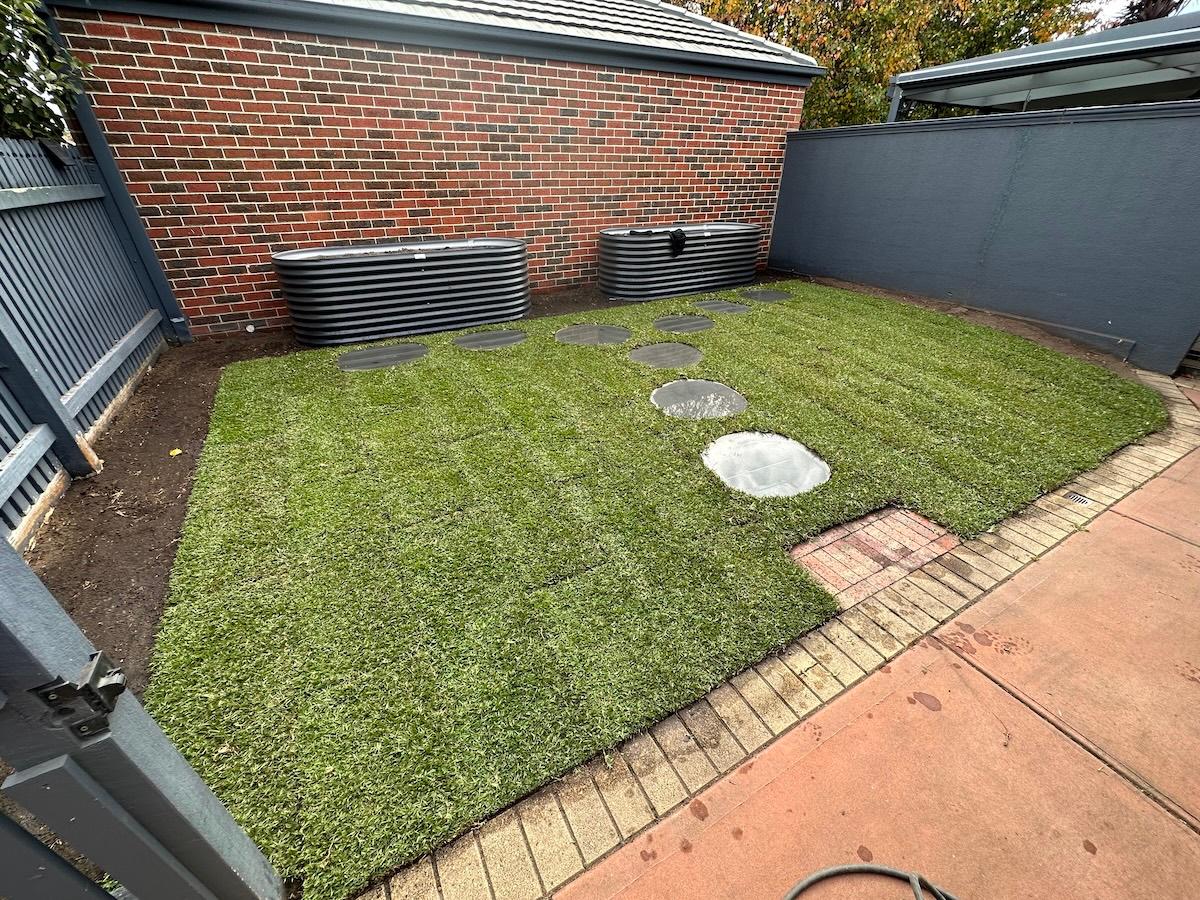 Professional installation and initial watering of fresh turf rolls.